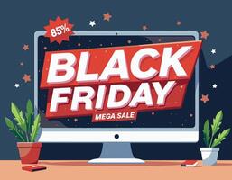 Illustration of a Black Friday mega sale on a computer screen displaying an 85 discount offer, surrounded by plants and stationery on a desk. vector