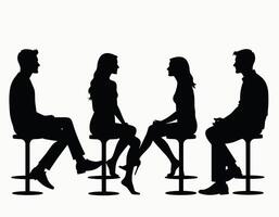 Silhouettes of two women and two men seated on stools, engaged in conversation, creating a scene of a social or business meeting against a plain background. vector