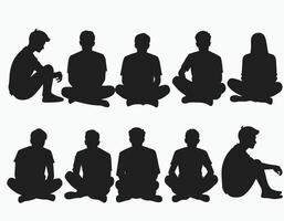 Silhouettes of young individuals sitting cross-legged in a row, showcasing diverse postures against a neutral background. vector