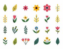 A colorful collection of simple, stylized flowers and leaves on a neutral background, showcasing various floral designs in a playful and modern style. vector