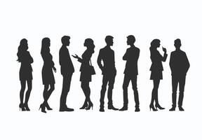 Silhouette of diverse group of men and women standing and interacting against a white background. vector