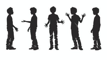 Silhouettes of a young male in various expressive poses against a white background. vector