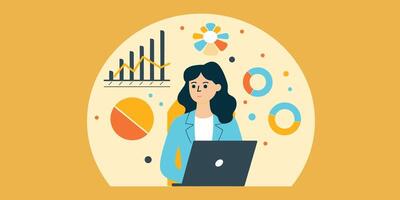 Illustration of a woman analyzing data on a laptop surrounded by colorful charts and graphs. vector