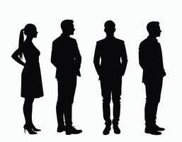Silhouettes of four individuals, a woman and three men, stand side by side, each facing different directions against a plain background. vector