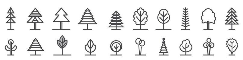 Minimalistic line drawings of various tree designs in black on a white background. vector