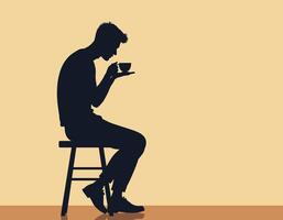 Silhouette of a man enjoying a cup of coffee while seated on a stool against a minimalist, warm-colored background. vector