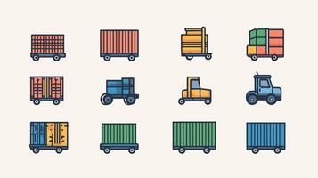 Colorful icons of cargo containers and vehicles in a minimalist style on a light background. vector
