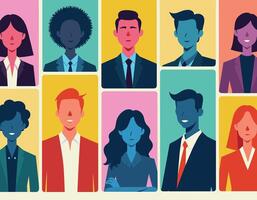 Abstract illustration of diverse professionals in vibrant colors, highlighting gender and ethnic diversity in a modern corporate setting. vector