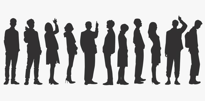 Silhouettes of diverse individuals standing in a row, each striking a unique pose. vector