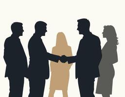 Silhouette of business professionals shaking hands, symbolizing successful negotiation amid a diverse team setting. vector