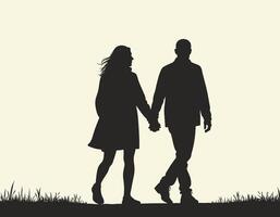 Silhouette of a couple walking hand in hand at sunset, evoking a sense of unity and tranquility. vector