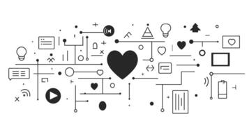 Abstract line art with various icons and symbols, centered around a large heart. vector