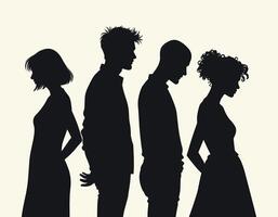 Silhouettes of four diverse individuals standing in profile against a light background, each showcasing unique hairstyles and distinct body postures. vector