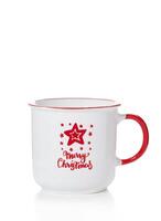 A white cup with a red handle and New Year inscriptions and patterns isolated on a white background photo