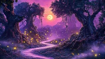 A magical forest path with glowing fireflies, illuminated by the moon, at dusk. video