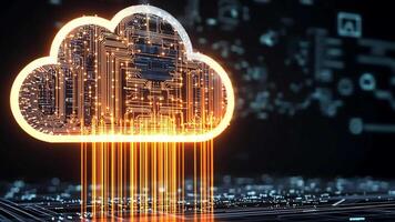 Digital cloud computing concept with glowing circuit board and data streams. video
