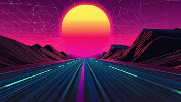 Futuristic highway with a glowing sun and mountains in the background. video