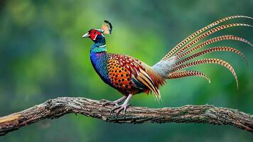 A vibrant male pheasant with iridescent plumage perches on a tree branch, displaying his long, patterned tail feathers against a blurred green background. video