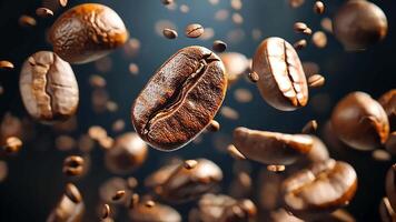 A close up of coffee beans falling through the air, with one in focus in the center, and others out of focus in the background. video