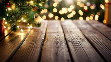 Wooden surface with blurred bokeh lights in the background. video