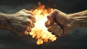 Two fists clashing with fire and sparks exploding between them against a dark cloudy background. video