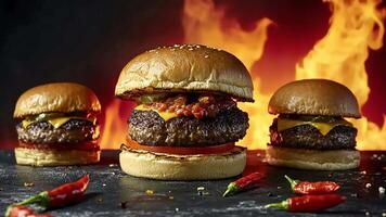 Three juicy beef burgers with melted cheese, pickles, and tomato, on a dark surface with red chili peppers and flames in the background. video