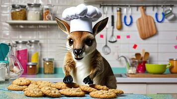 A kangaroo wearing a chef's hat is standing in a kitchen with cookies on the counter. video