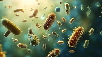 A microscopic view of multiple rod-shaped bacteria, some in focus and others out of focus, floating in a blue-green liquid. video