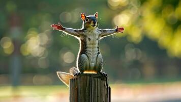 A curious squirrel stands on a wooden fence post with its tail curled behind it. video