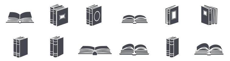 A collection of book icons representing various open and closed book designs in a minimalist black and white style. vector