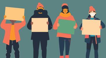 Diverse group wearing winter clothes holding blank signs on a teal background. vector