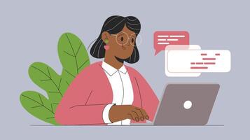 Illustration of an African American woman engaged in online communication on a laptop, set against a simple background with speech bubbles and greenery. vector