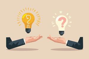 Illustration of hands holding glowing light bulbs with question marks symbolizing ideas and innovation. vector