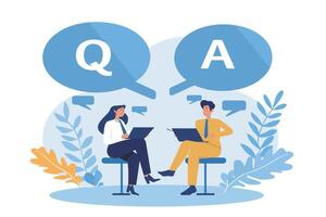 Illustration of a QA session with diverse professionals discussing ideas in a modern setting. vector