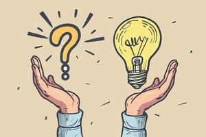 Illustration of hands balancing a question mark and a light bulb, symbolizing decision-making and ideas. vector