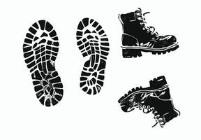 Graphic illustration of rugged hiking boots and their detailed tread pattern on a white background. vector