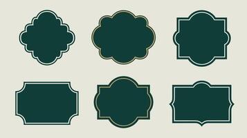 A collection of six elegant vintage-style label designs in dark green with cream outlines, featuring various symmetrical shapes on a light background. vector