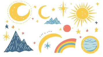 Colorful celestial and mountain illustrations featuring stars, suns, moons, and a rainbow in a whimsical style. vector