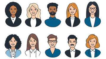 Diverse group of cartoon avatars featuring various genders and ethnicities on a white background. vector