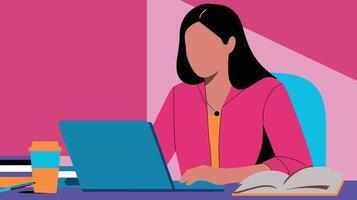 Illustration of a woman working on a laptop at a desk with a colorful background, embodying focus and creativity in a vibrant workspace. vector