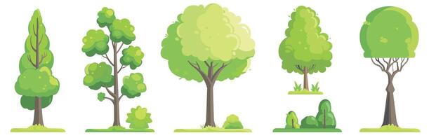 Illustration of various green trees with different shapes and sizes on a white background. vector