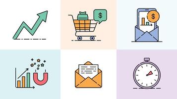 Colorful icons depict business growth with upward graph, shopping cart, mobile banking, bar chart, email, and stopwatch on pastel backgrounds. vector