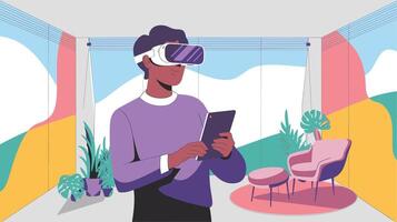 A young man explores virtual reality using a VR headset and tablet in a modern and colorful indoor setting. vector