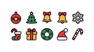 Colorful Christmas icons featuring festive elements, including ornaments, a tree, bells, and a snowflake, on a white background. vector