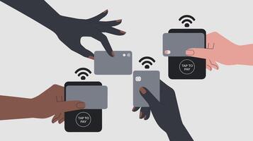 Illustration of diverse hands using smartphones and cards for wireless transactions, depicting modern digital payment technology. vector