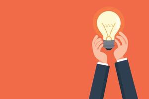 Hands in suit holding a glowing light bulb against an orange background, symbolizing innovation and ideas. vector