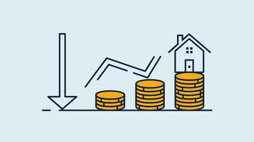 Illustration depicting a concept of a declining arrow with growing coin stacks and a house, symbolizing real estate market changes. vector