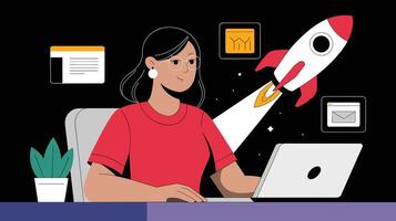 Illustration of a woman in glasses working on a laptop with a rocket symbolizing growth and innovation. vector