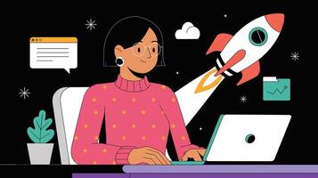 Illustration of a woman of South Asian descent working on a laptop with a rocket taking off in the background, symbolizing innovation and progress. vector