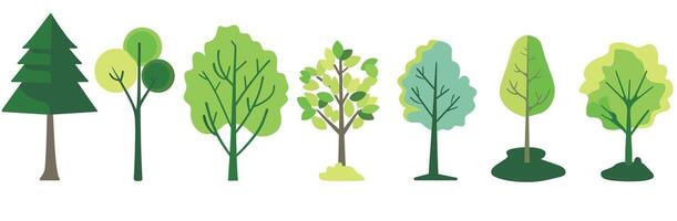 Illustration of various tree types with assorted green shades on a white background. vector